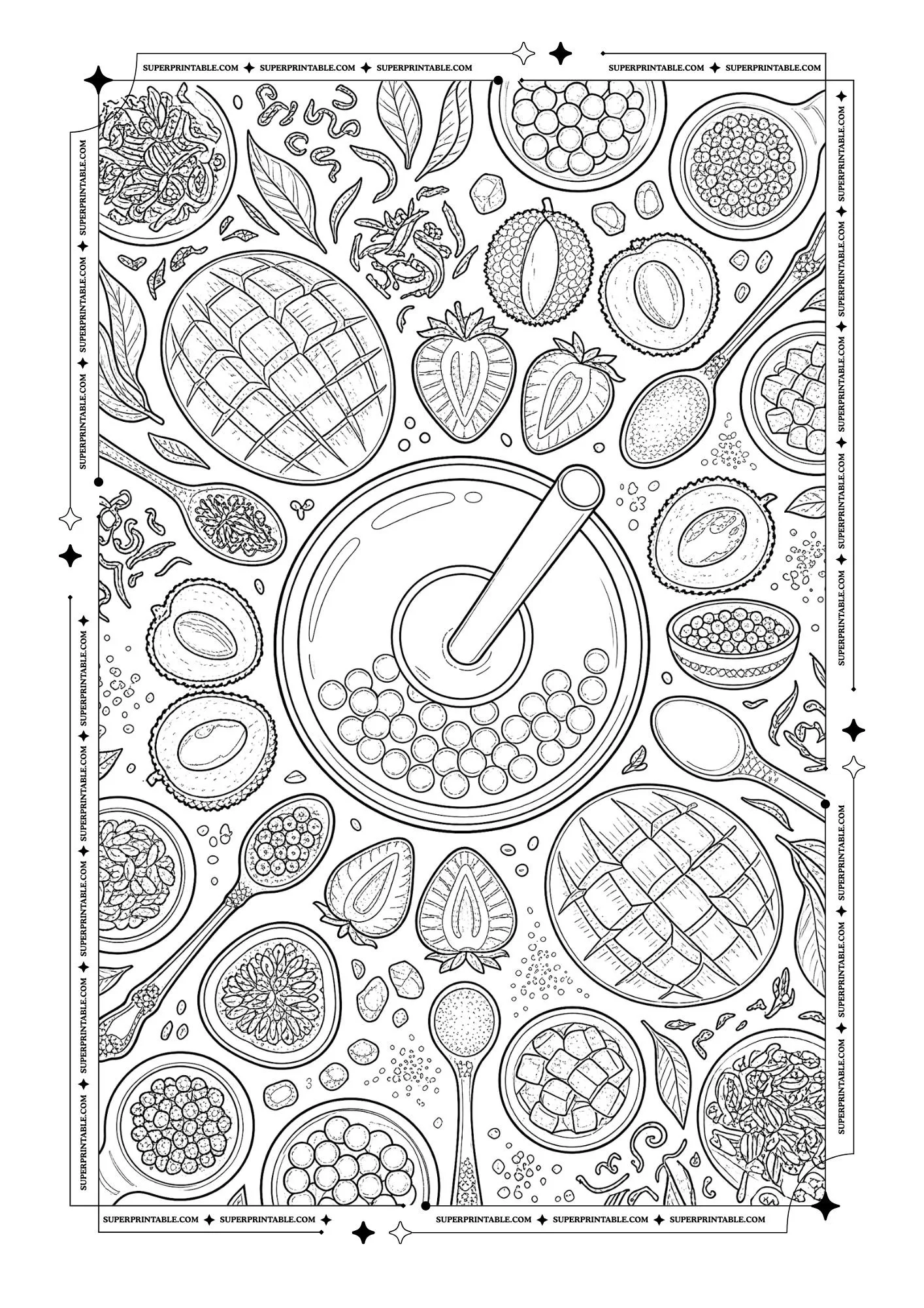 Fruits, tea leaves, bowls, spoons, tapioca pearls, and a mortar around bubble tea ingredients.