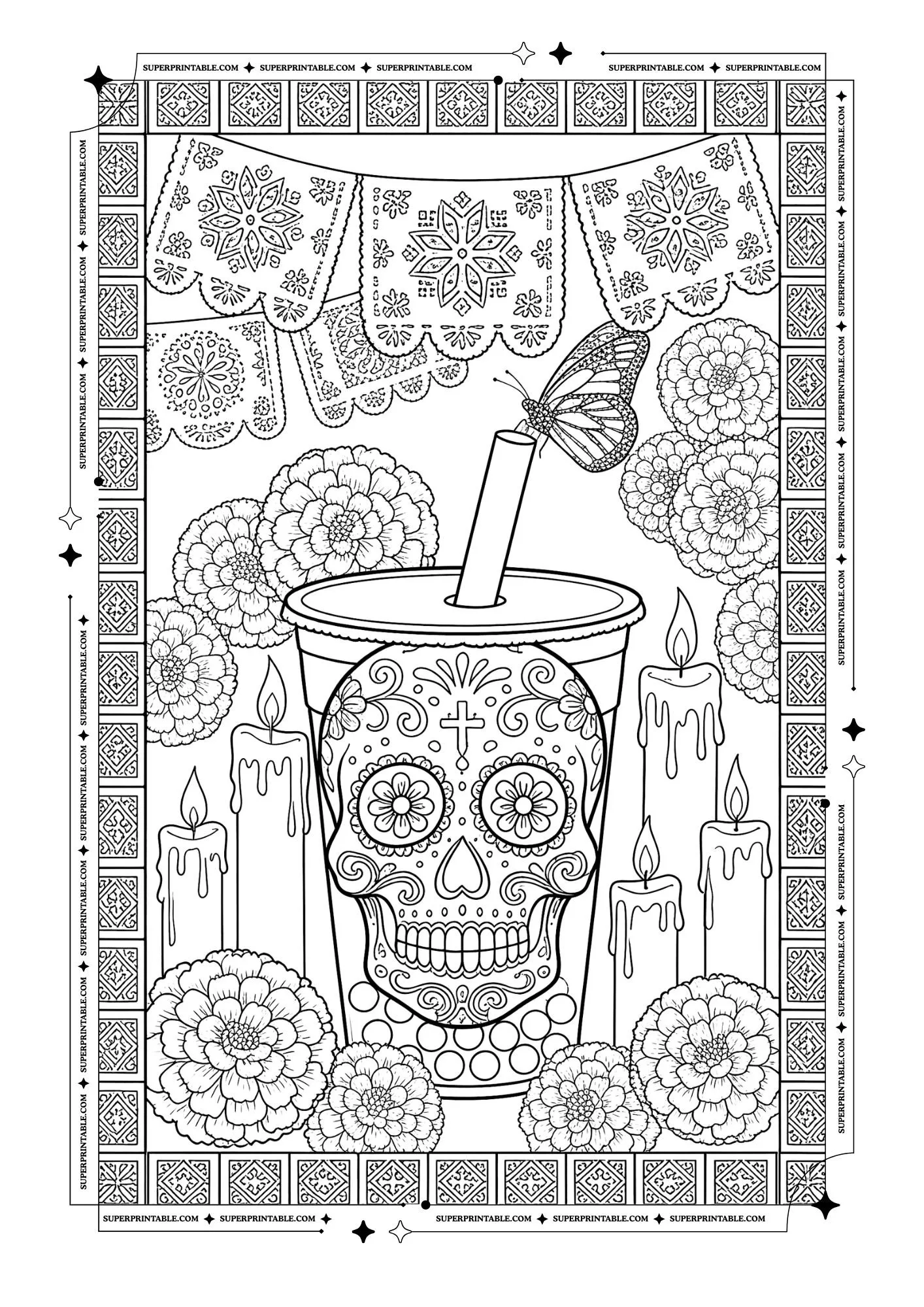 Bubble tea cup with a sugar skull, candles, marigolds, butterfly, and festive banners.