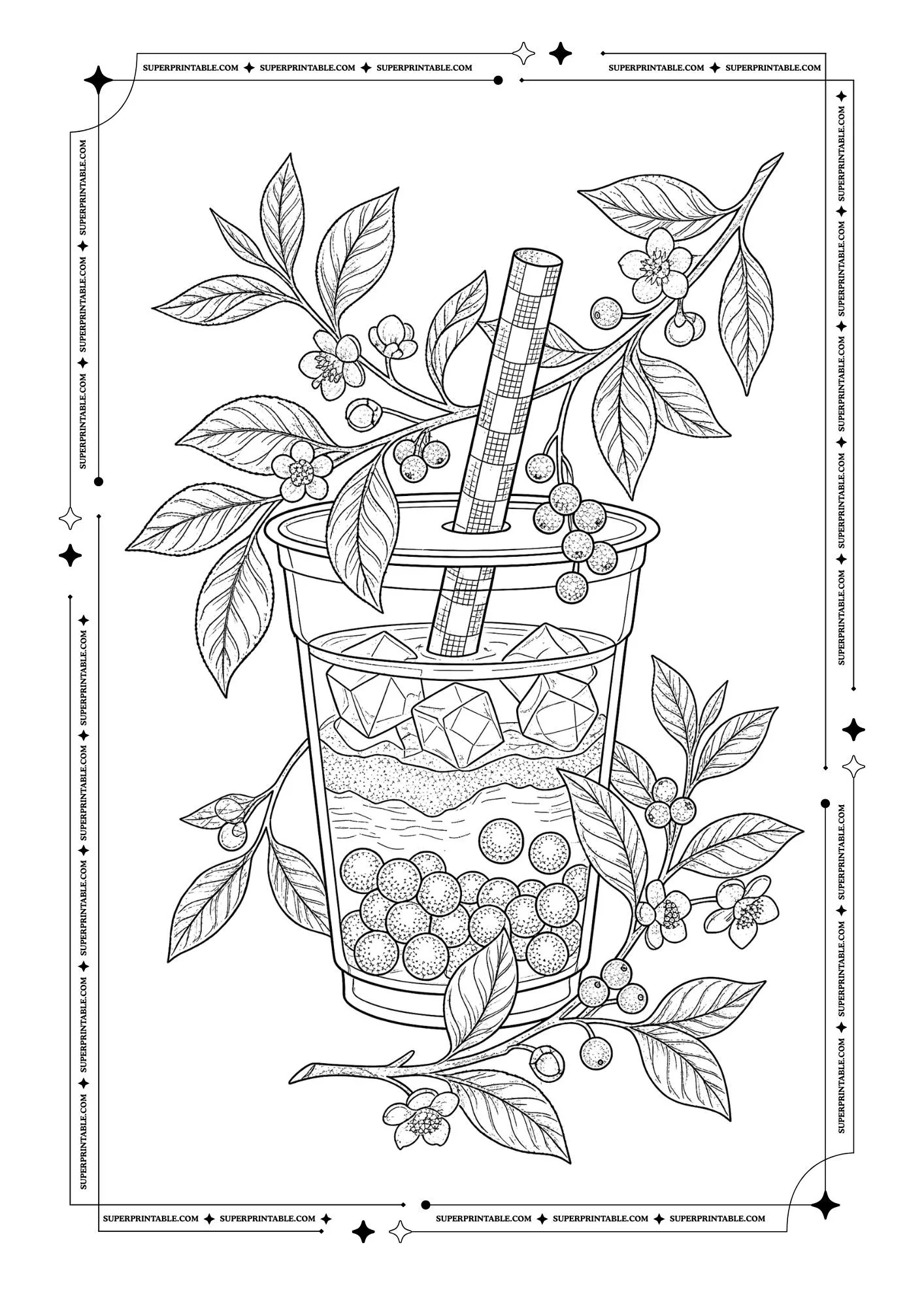 Bubble tea cup with leaves, flowers, berries, ice cubes, and pearls surrounded by leafy branches.