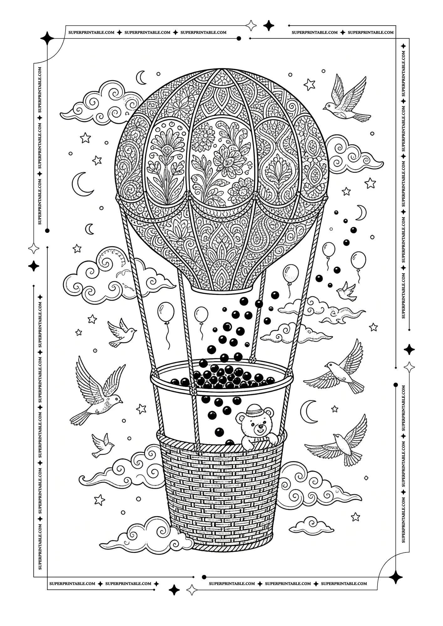 Hot air balloon carrying a bubble tea cup with birds, clouds, balloons, and a teddy bear.