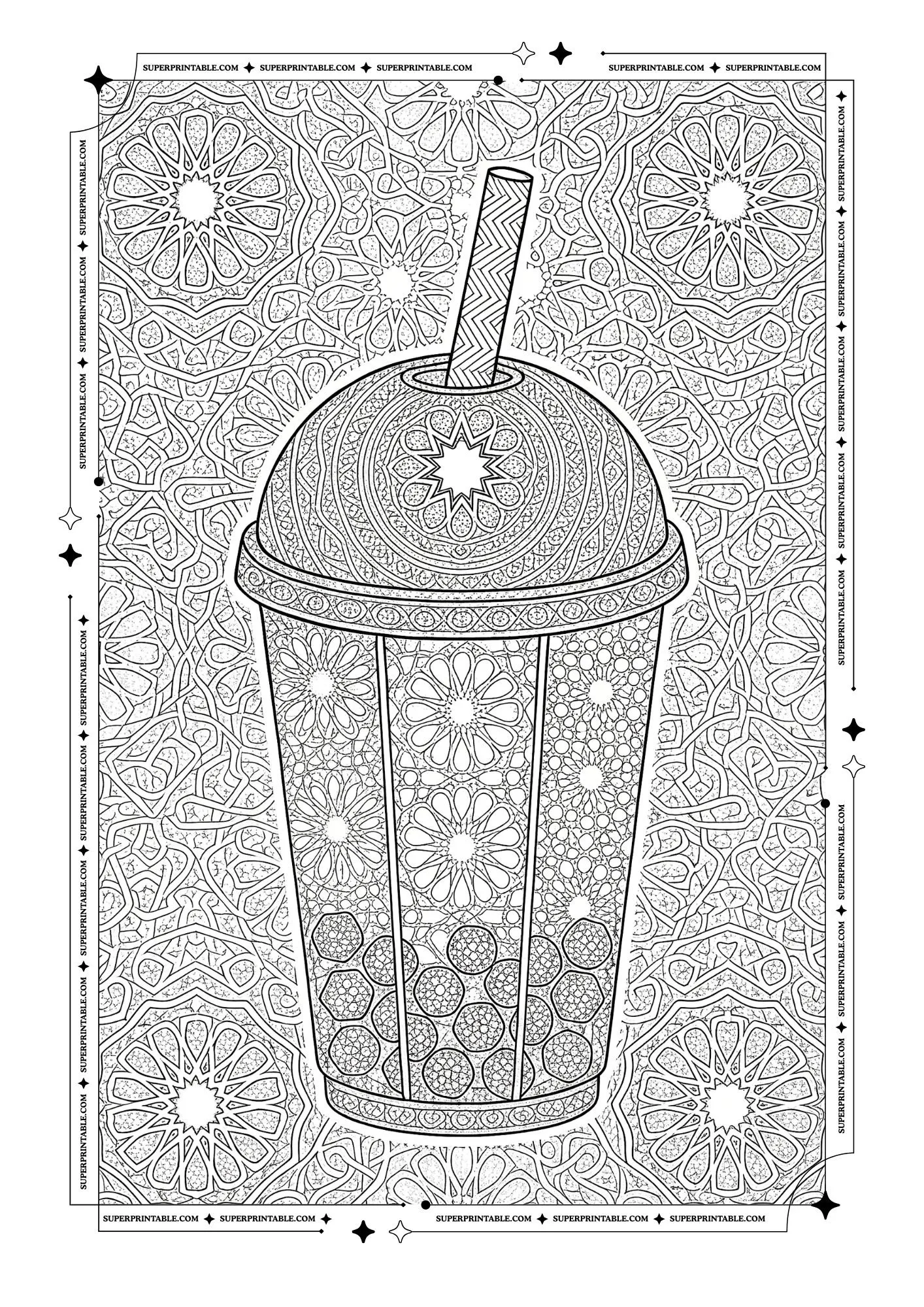 Bubble tea cup centered inside a detailed floral mandala pattern.