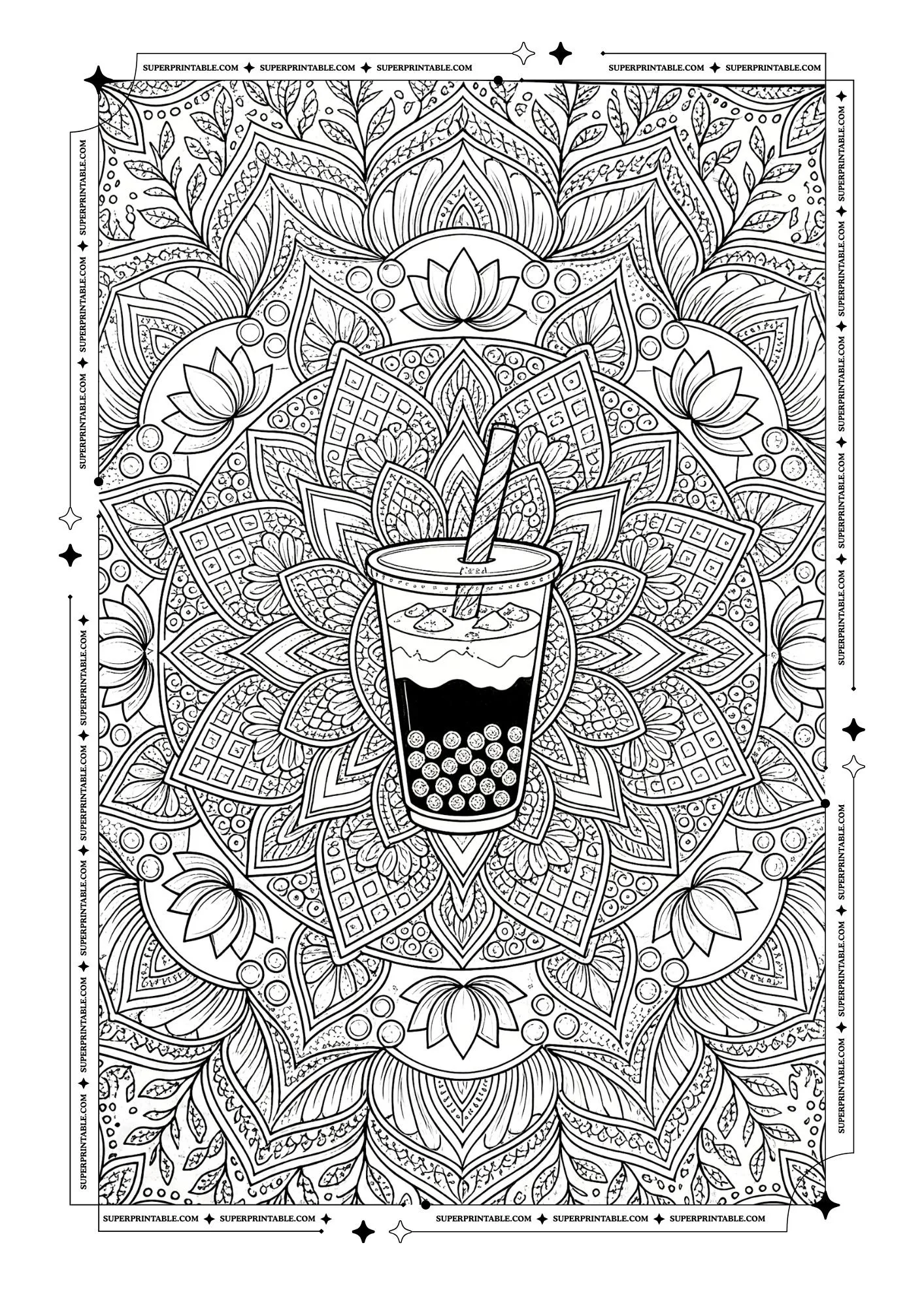 Bubble tea cup with a large lotus mandala and decorative floral background.
