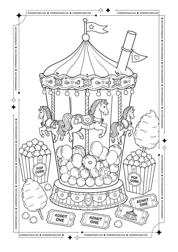 Carousel bubble tea cup with horses, popcorn, cotton candy, balloons, and tickets.