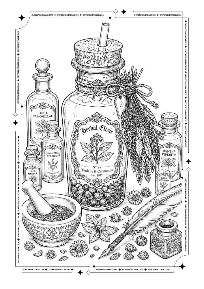 Herbal bubble tea bottle with herb jars, flowers, mortar, feather pen, and ink bottle.
