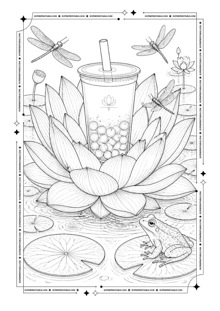 Bubble tea cup among lotus flowers, lily pads, dragonflies, and a frog.