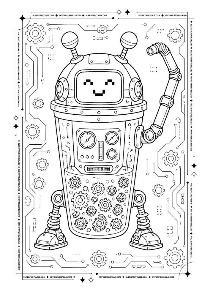 Smiling robot bubble tea cup with gears, circuits, and robotic arm.