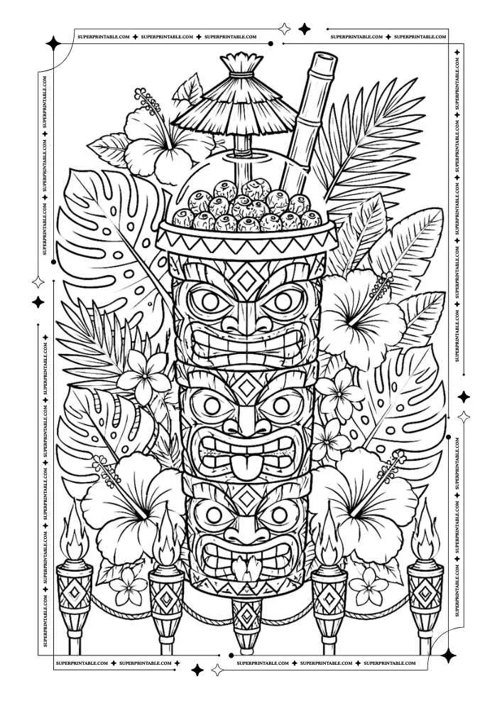 Tiki bubble tea cup with hibiscus flowers, palm leaves, and tiki torches.
