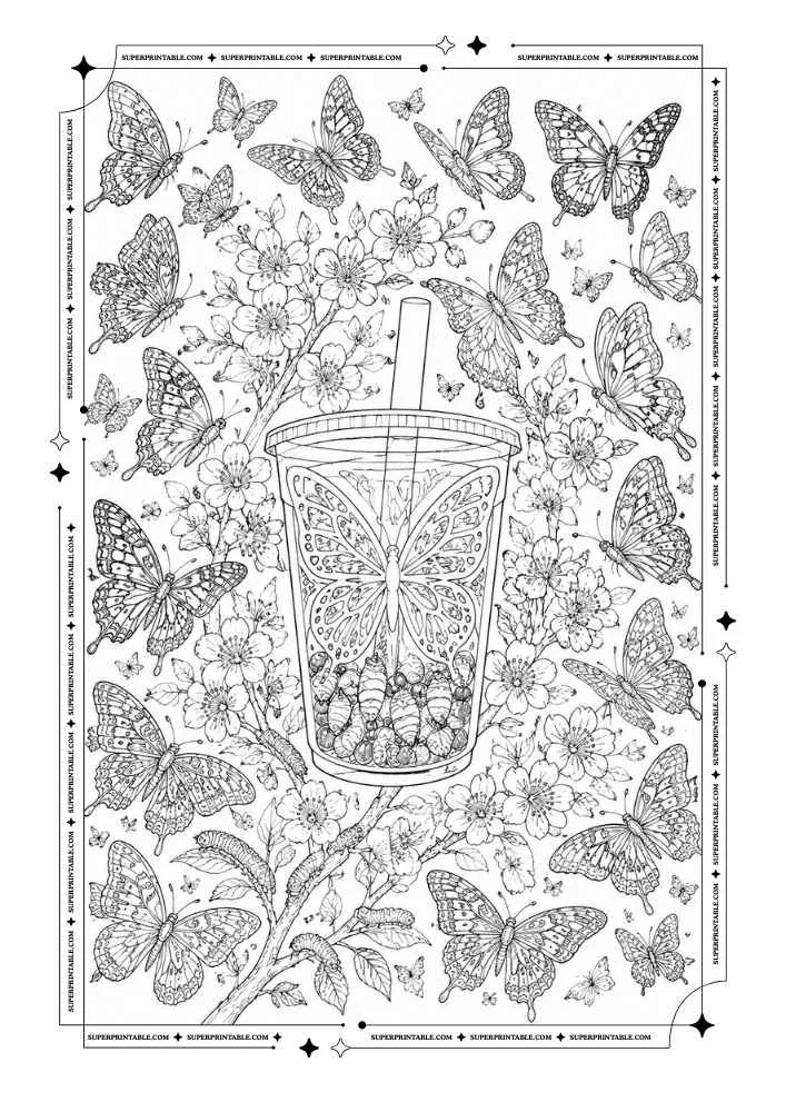 Bubble tea cup surrounded by butterflies, flowers, and leafy branches.