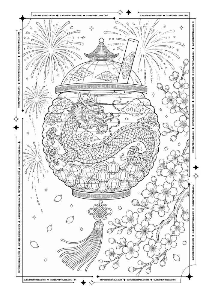 Dragon lantern bubble tea cup with fireworks, cherry blossoms, and clouds.