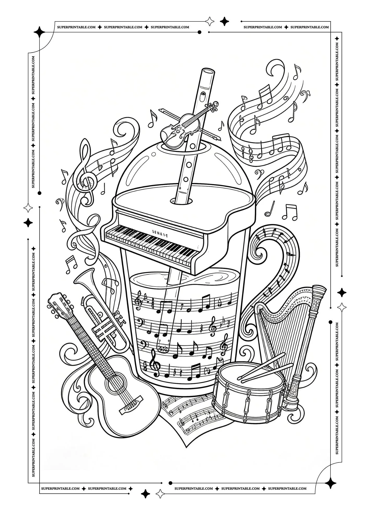 Bubble tea with piano, guitar, harp, violin, trumpet, drum, flute, and floating music notes.