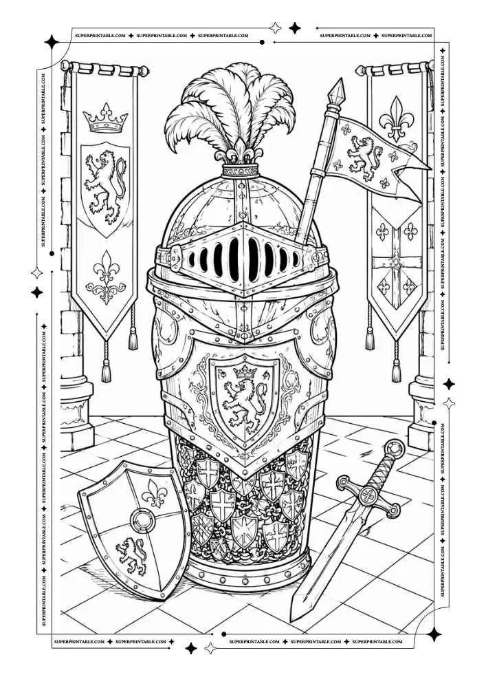 Bubble tea cup dressed as a knight with armor, shield, sword, and castle banners.