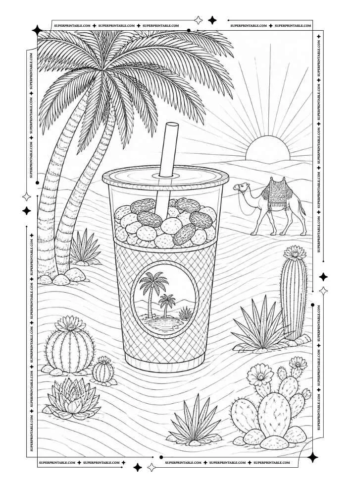 Bubble tea cup in a desert with palm trees, cacti, a camel, sand dunes, and the sun.