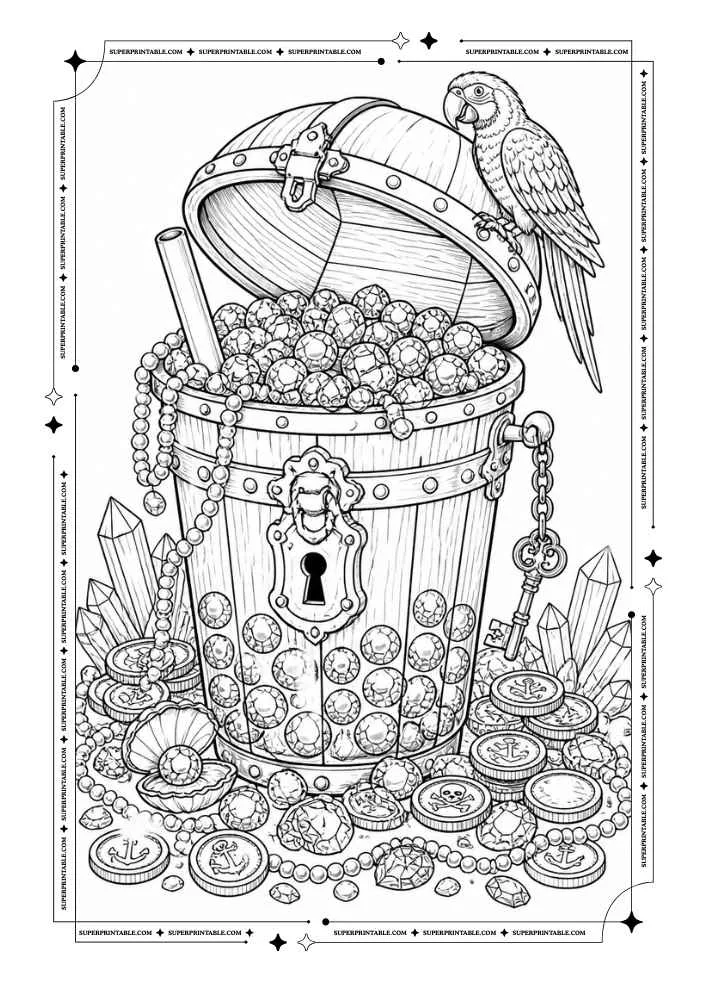 Treasure chest full of boba pearls, coins, jewels, a key, pearls, and a parrot.