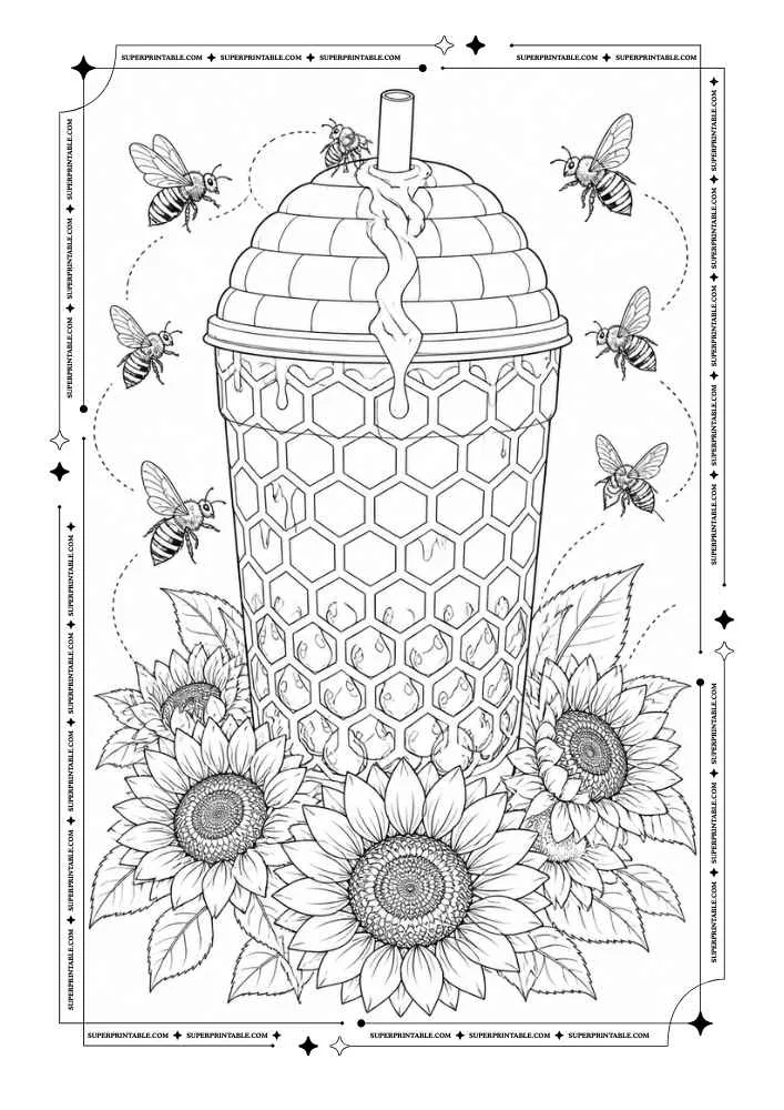 Bubble tea cup with honeycomb pattern, bees, dripping honey, and sunflowers.