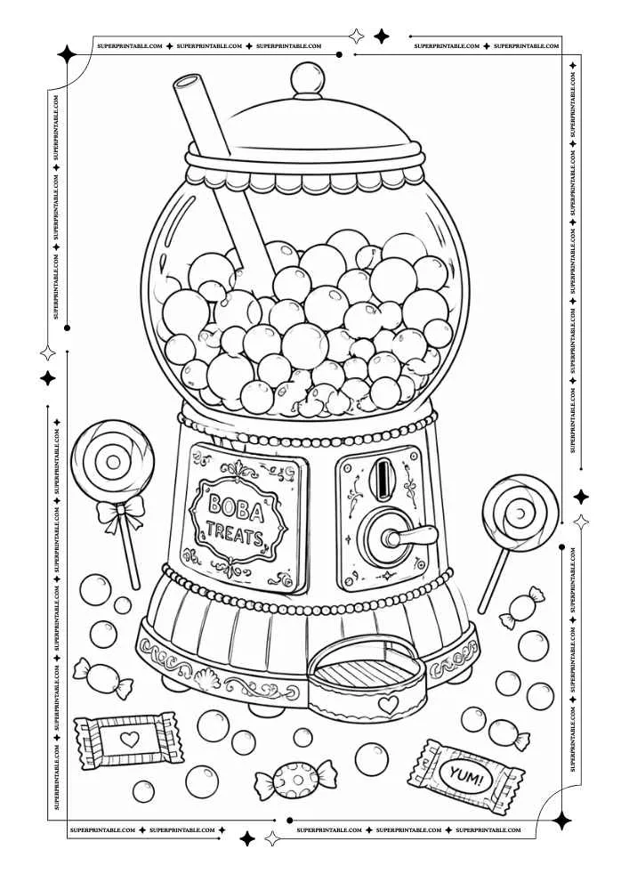 Vintage gumball machine filled with boba pearls, candy, lollipops, and a bubble tea straw.