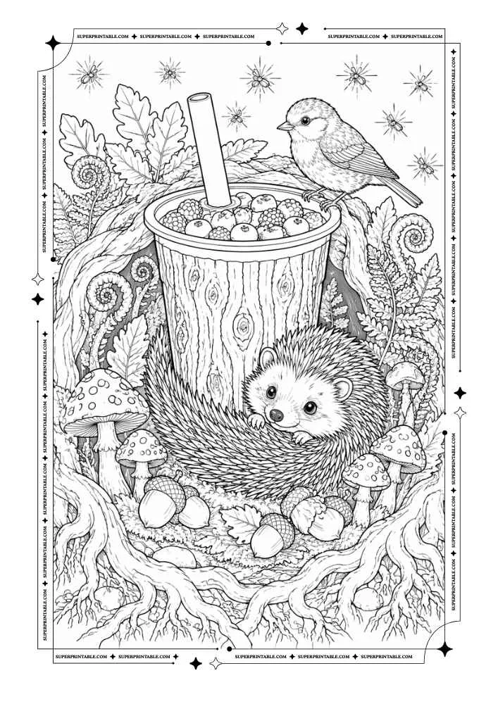 Hedgehog beside a wooden bubble tea cup with mushrooms, acorns, leaves, and a bird.