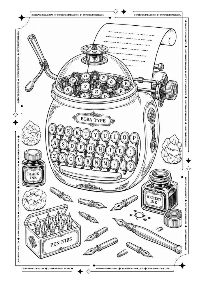 Bubble tea themed vintage typewriter with ink bottles, pen nibs, paper, and a bubble tea straw.