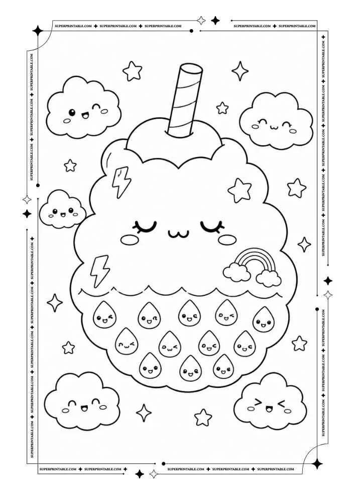 Smiling cloud shaped bubble tea with happy clouds, stars, raindrops, and a rainbow.