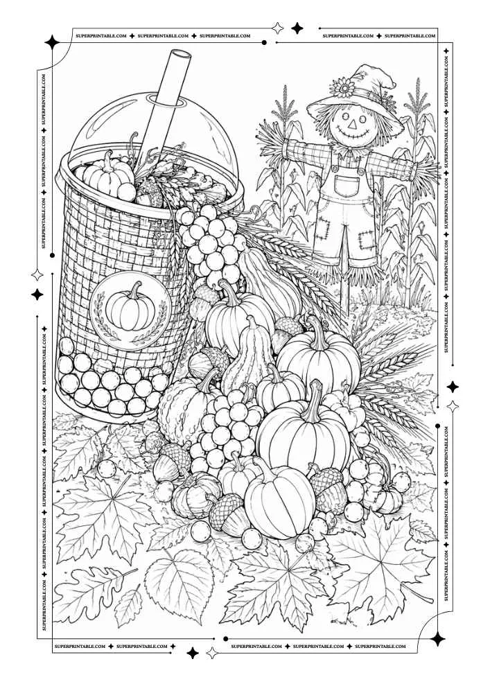 Bubble tea cup with pumpkins, grapes, acorns, fall leaves, and a scarecrow.