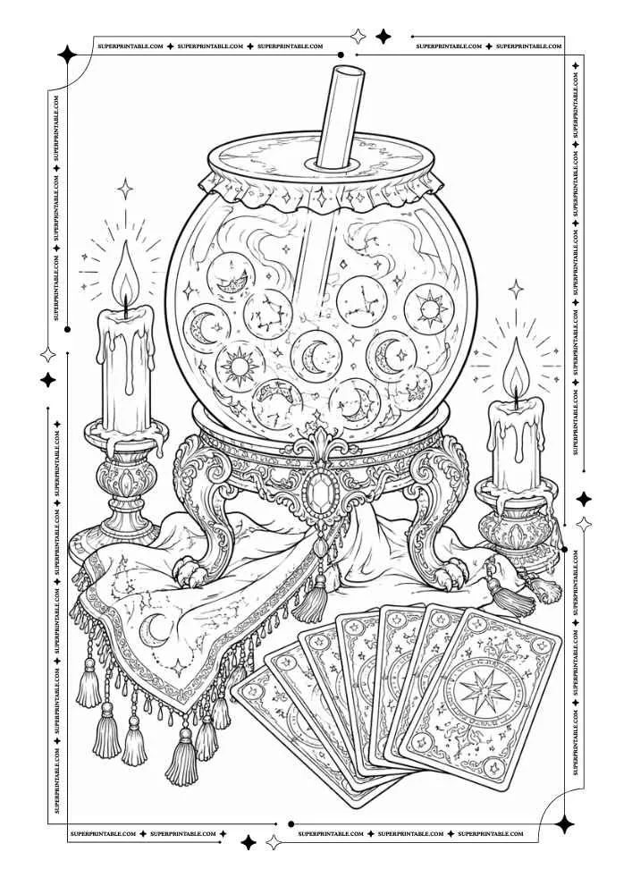 Crystal ball style bubble tea cup with candles, tarot cards, moons, and stars.