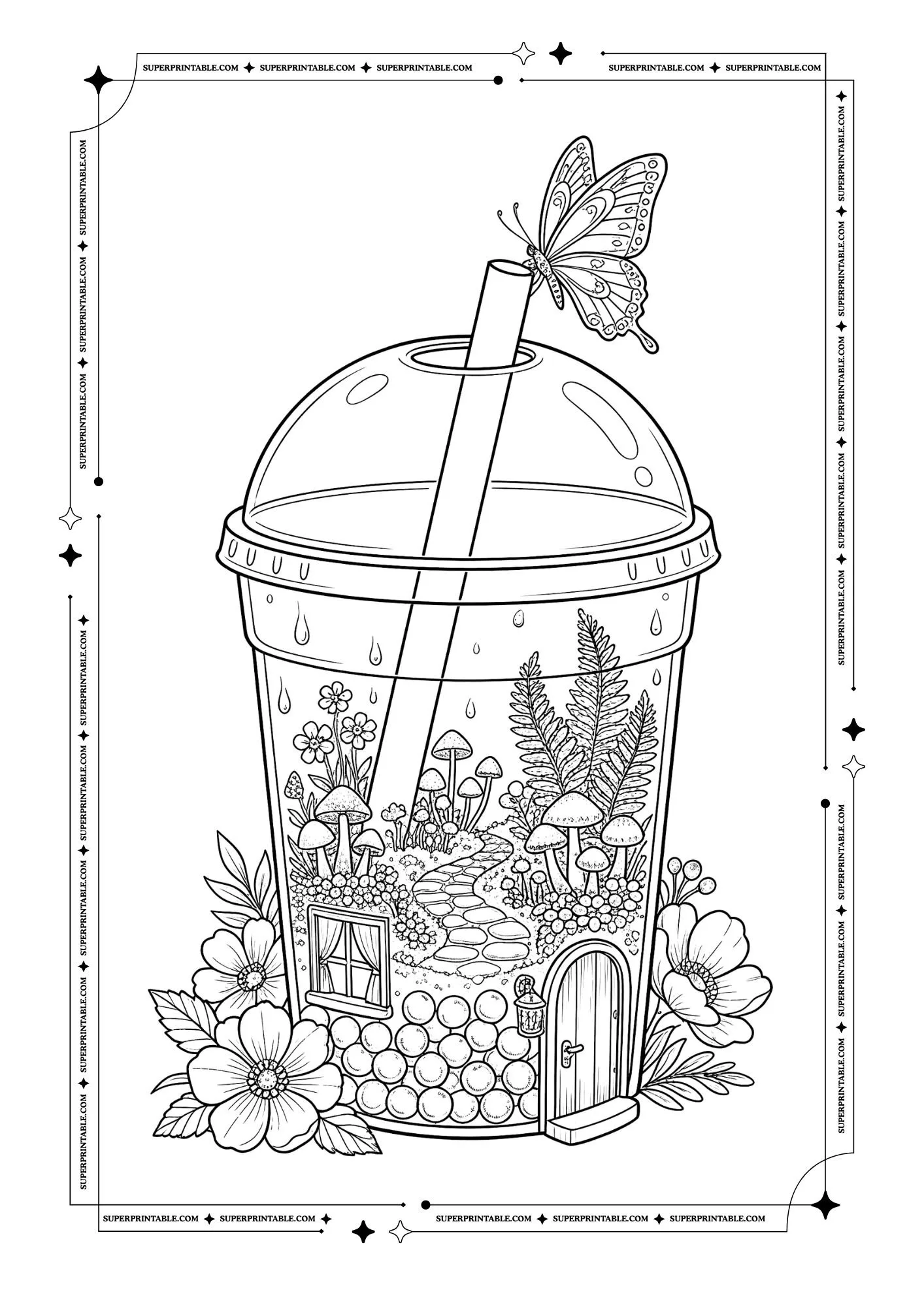 Bubble tea cup with fairy door, window, mushrooms, flowers, butterfly, and pearls.