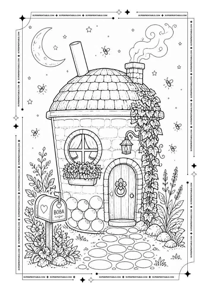 Bubble tea cottage with flowers, vines, mailbox, stars, and a crescent moon.