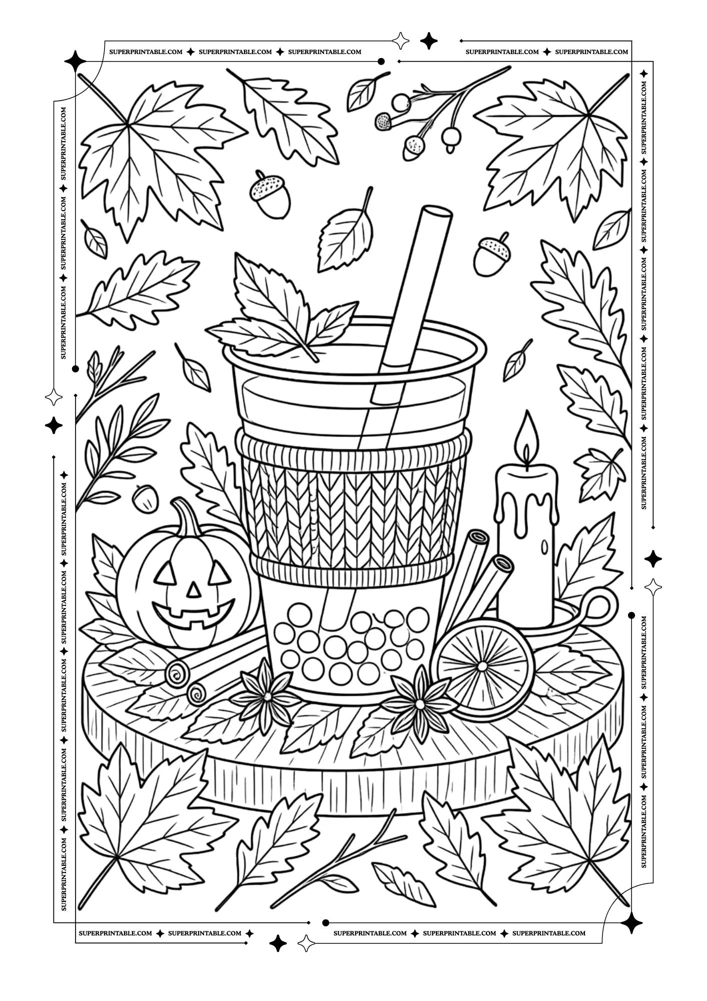 Bubble tea with pumpkin, candle, leaves, cinnamon sticks, acorns, and fall decorations.