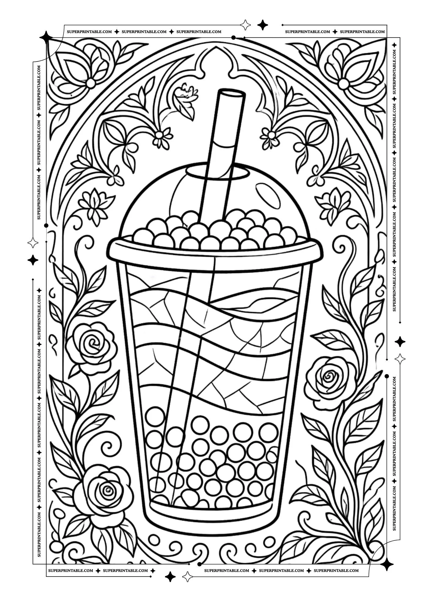 Bubble tea cup inside an elegant floral frame with roses, vines, and decorative leaves.
