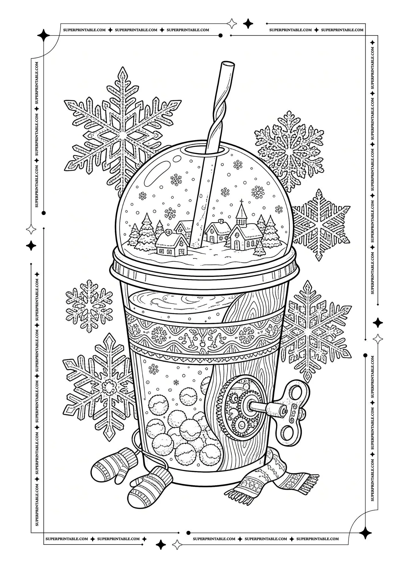 Bubble tea with snowy village, snowflakes, scarf, mittens, and a wind up key.