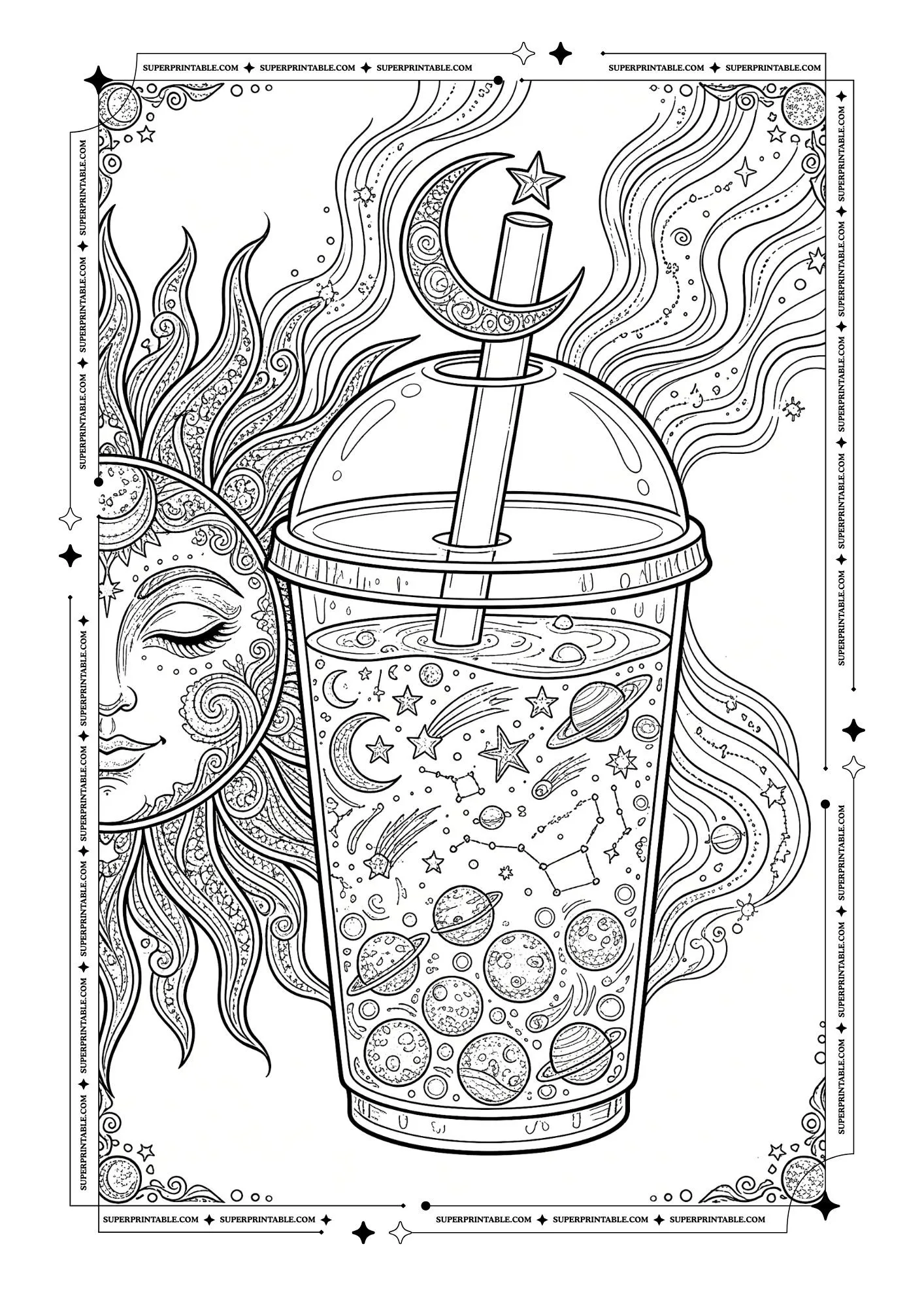 Bubble tea filled with planets, stars, moons, constellations, and a large sun and moon design.