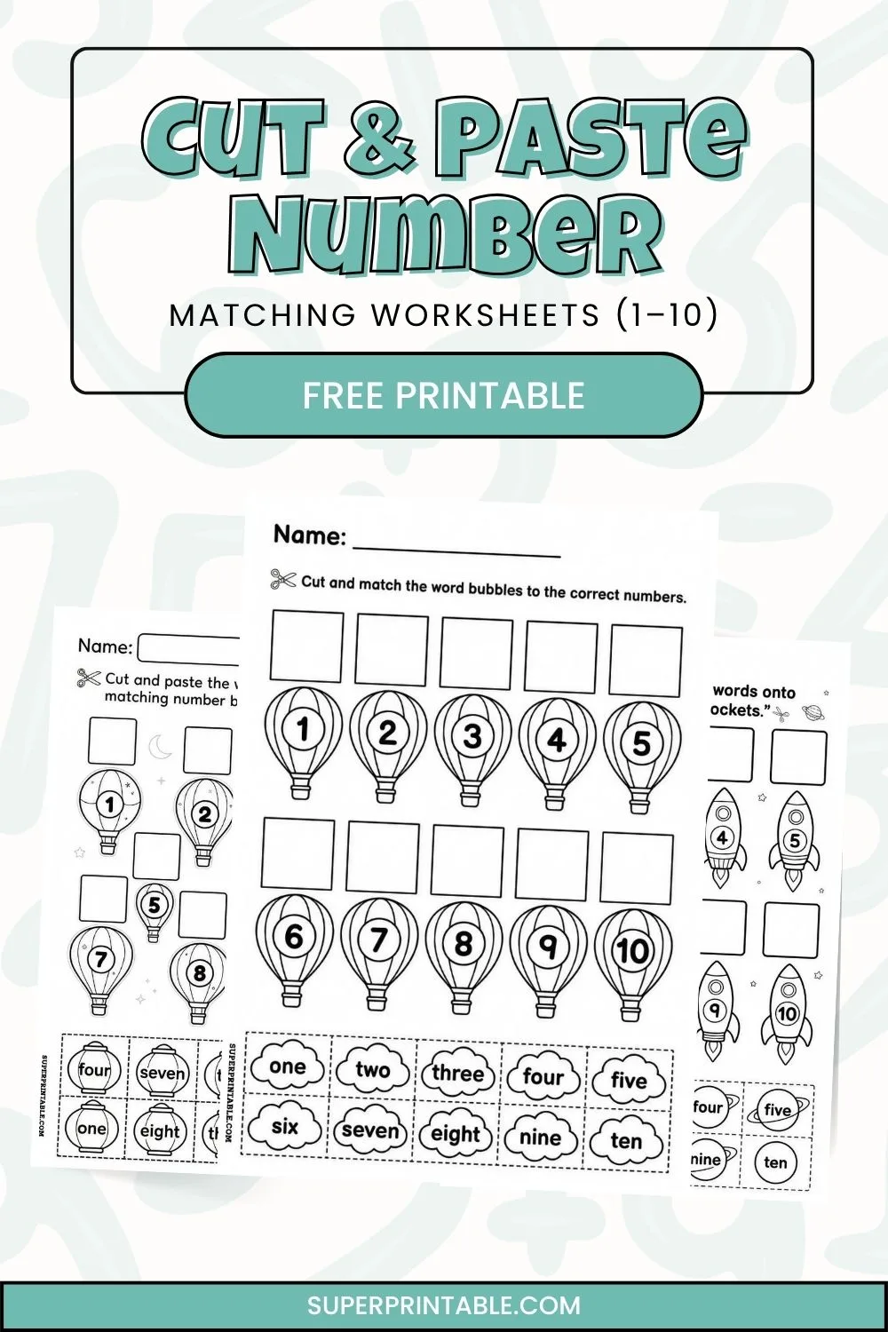 Cut & Paste Number Matching Worksheets (1–10) Pinterest Image