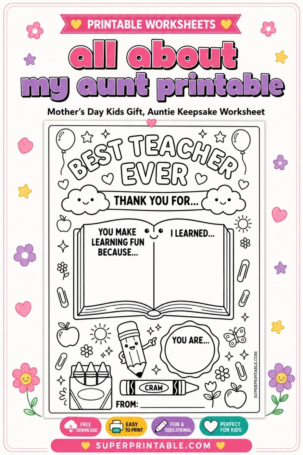 All About my Aunt Printable - Mother’s Day Kids Gift, Auntie Keepsake Worksheet Pinterest Image
