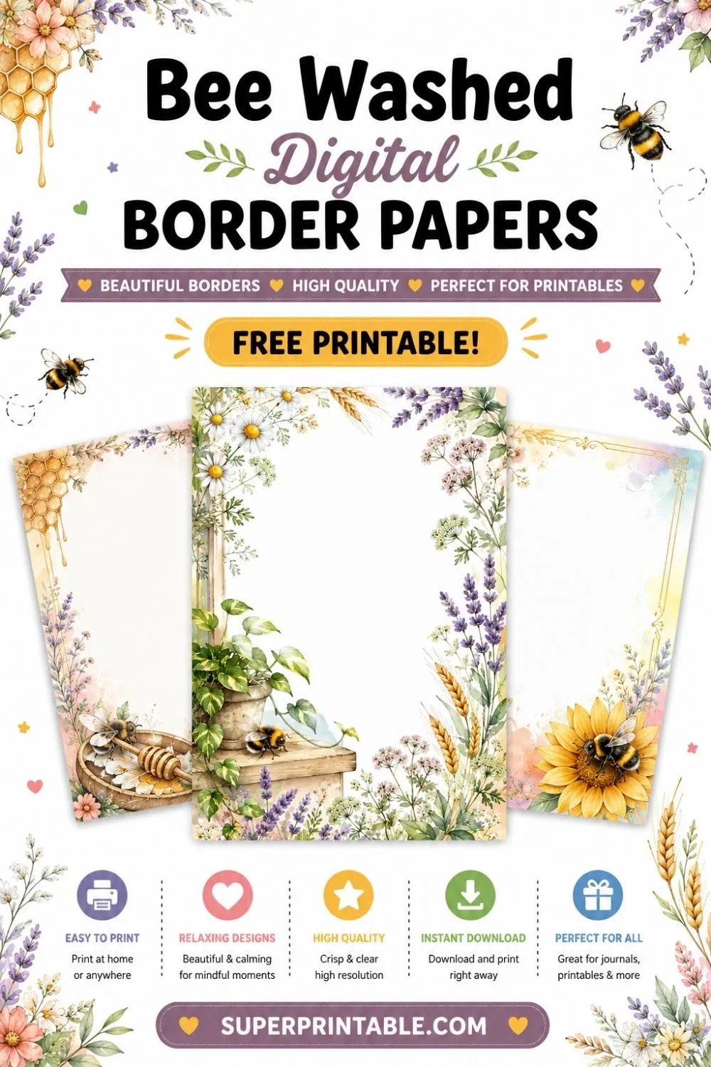 10+ Bee Washed Digital Border Papers Pinterest Image