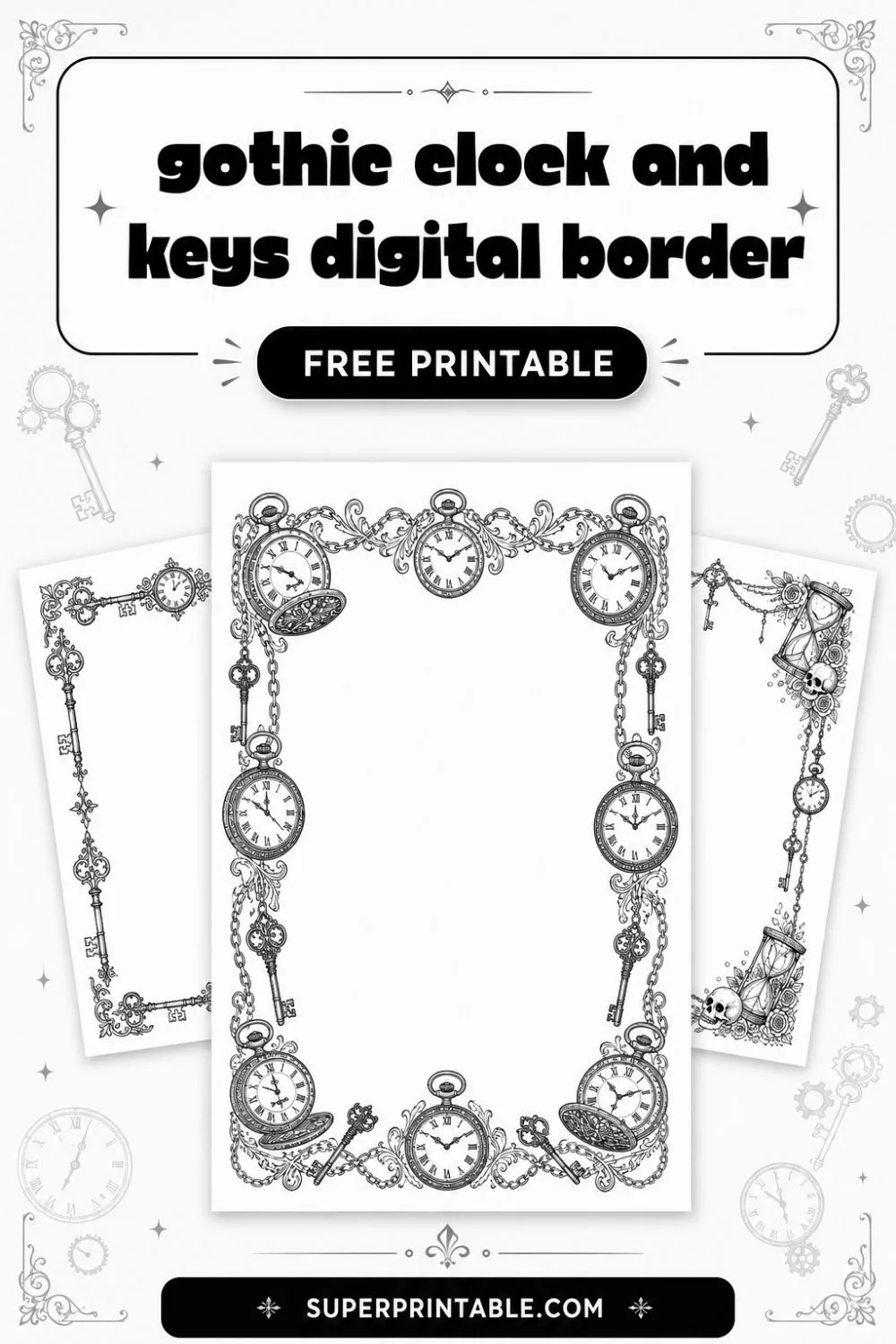 12+ Gothic Clock and Keys Digital Border Pinterest Image