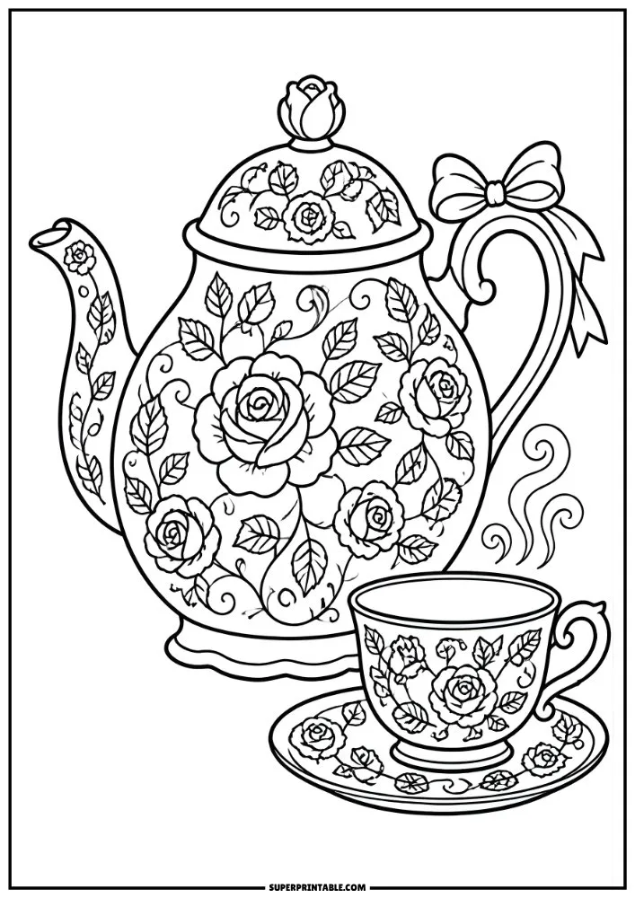 Floral teapot and teacup decorated with roses, leaves, and ornate flower patterns.