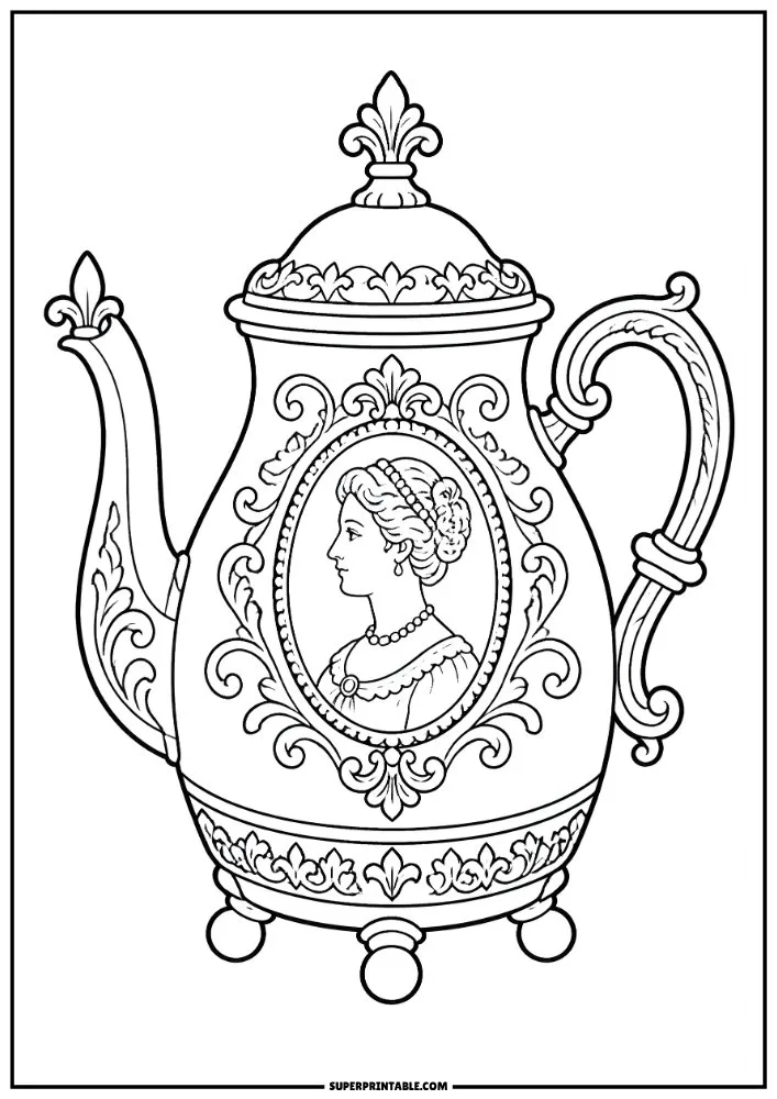 Victorian teapot with an ornate portrait frame and decorative scroll details.