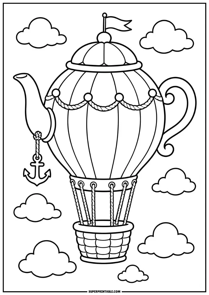 Hot air balloon shaped like a teapot flying through clouds.
