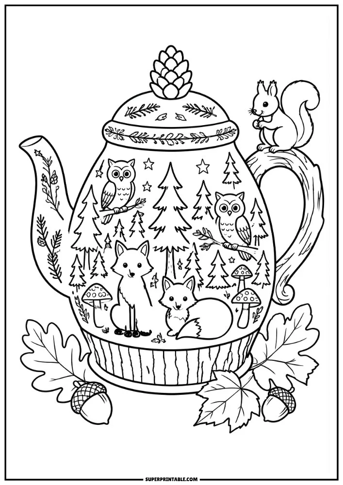 Woodland teapot with foxes, owls, squirrel, mushrooms, acorns, and pine trees.