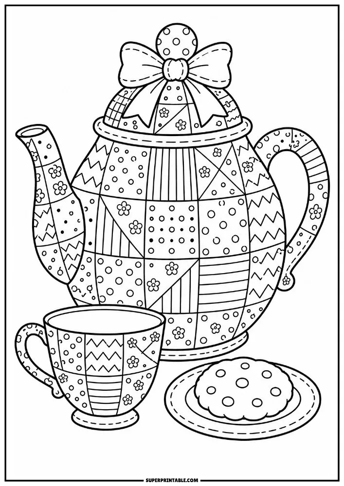 Patchwork teapot and teacup covered with geometric patterns, flowers, and dots.