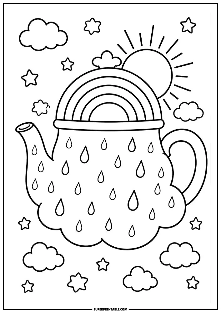 Cloud teapot with rainbow, sunshine, stars, raindrops, and fluffy clouds.