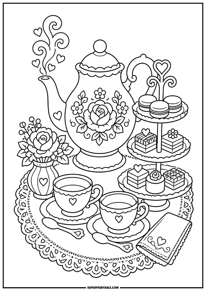 Tea party setup with teapot, teacups, cakes, pastries, flowers, and serving stand.