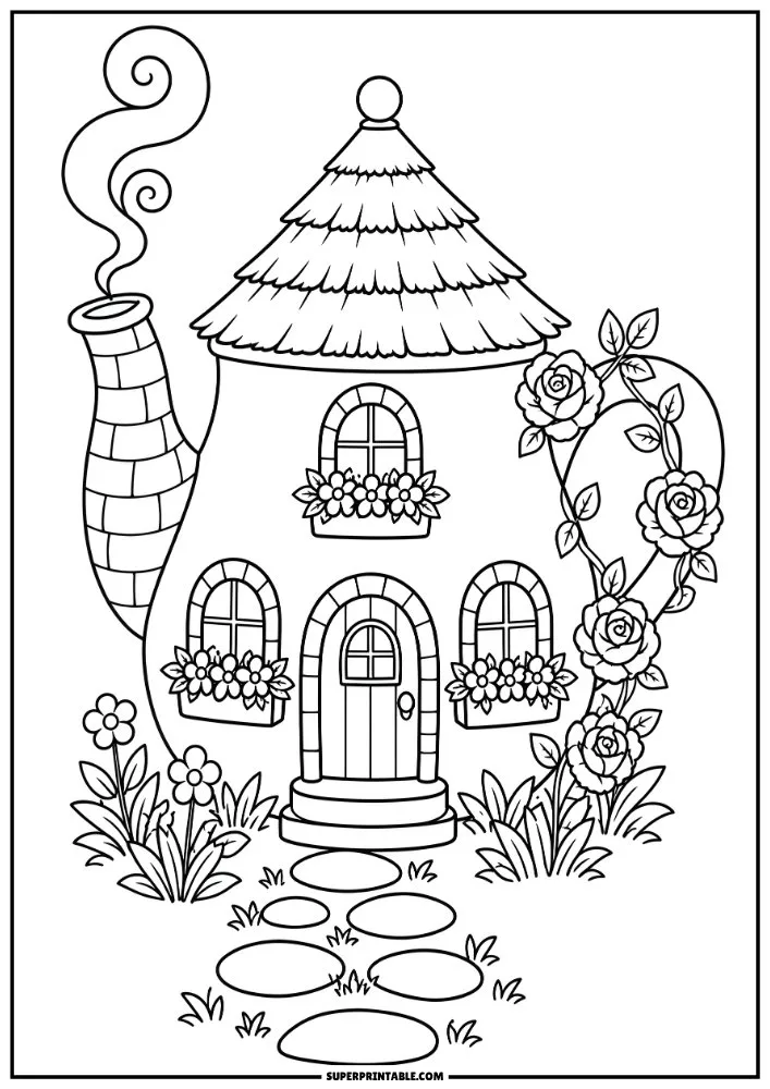 Teapot-shaped house with windows, flowers, roses, and a garden pathway.