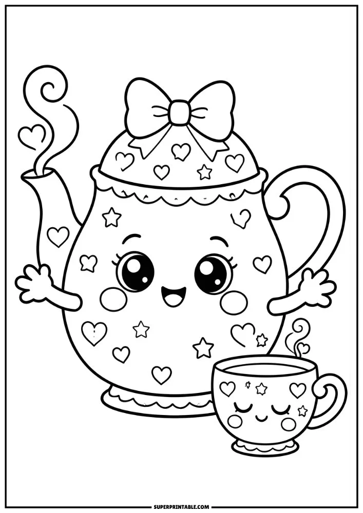 Kawaii teapot and teacup with smiling faces, hearts, stars, and a bow.