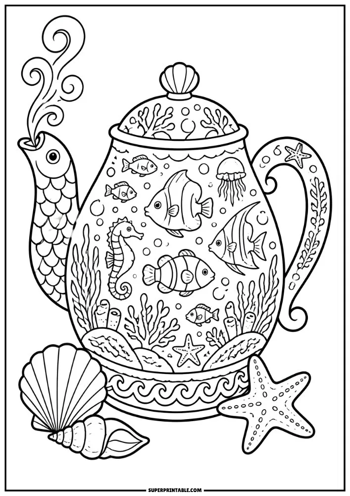 Teapot decorated with fish, coral reefs, shells, seahorses, and ocean creatures.