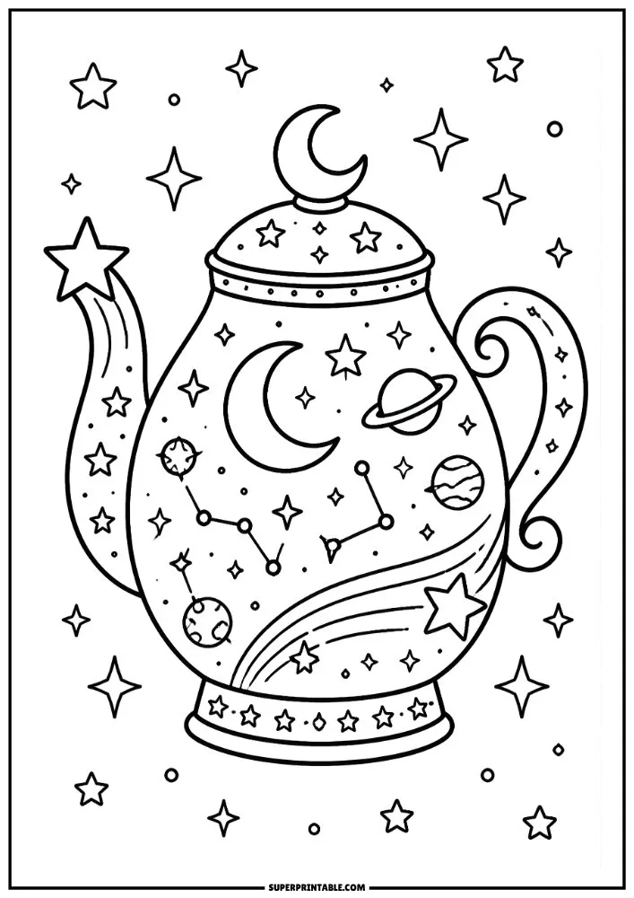 Space-themed teapot with moons, stars, planets, and constellation patterns.