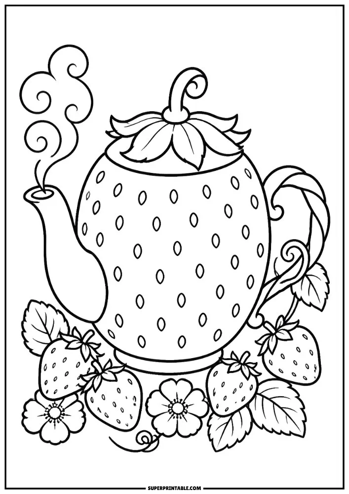 Strawberry-inspired teapot surrounded by strawberries, flowers, and leaves.