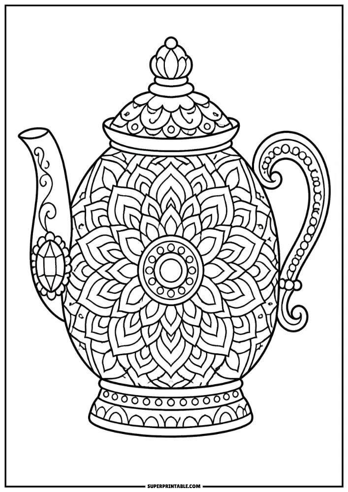 Ornate teapot featuring a large mandala design and detailed decorative patterns.