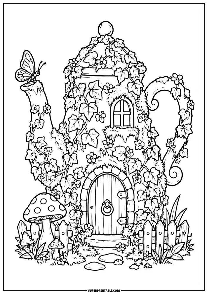 Teapot cottage wrapped in ivy with flowers, mushrooms, butterfly, and garden fence.