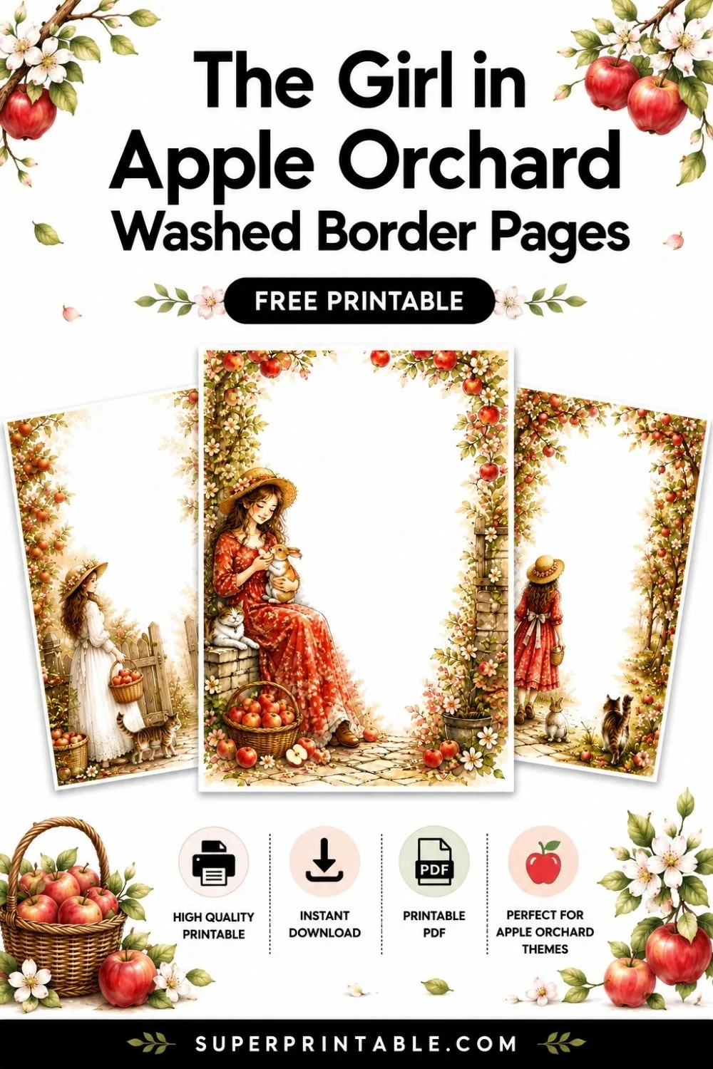 12+ The Girl in Apple Orchard Washed Border Pages Pinterest Image