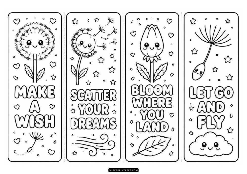 Four bookmark coloring pages with dandelions, clouds, flowers, stars, and inspiring quotes.